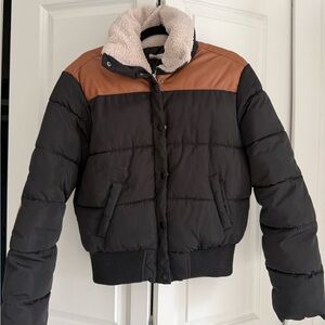 Black and Brown Puffer Jacket with Sherpa Collar